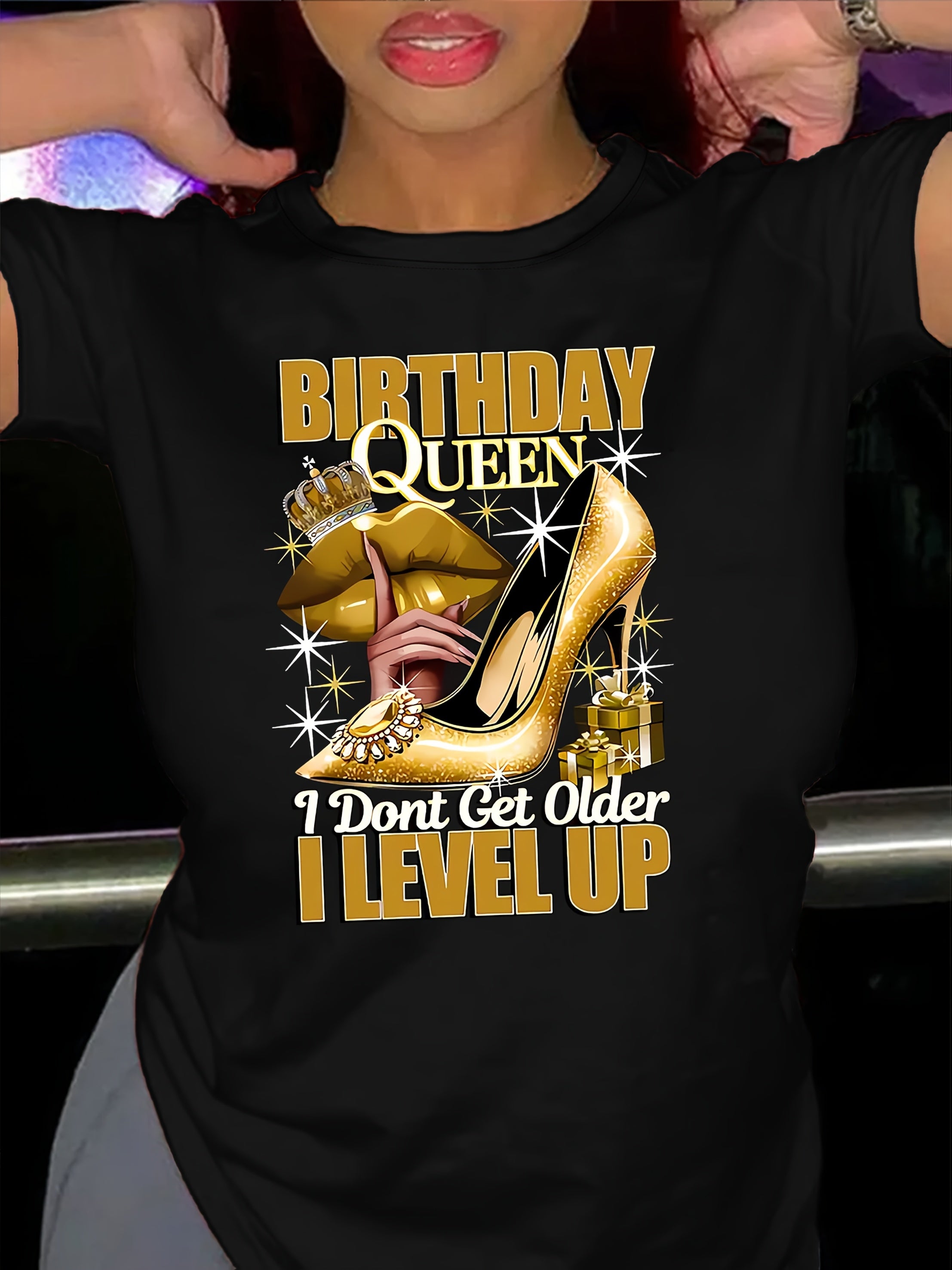 Birthday Queen Printed Women'S T-Shirt - Casual Crew Neck, Short Sleeve Top with High Heels & Crown Design, Perfect for Spring/Summer Celebrations, Birthday Party Apparel | Festive Design | Golden Crown Graphic, Birthday Part